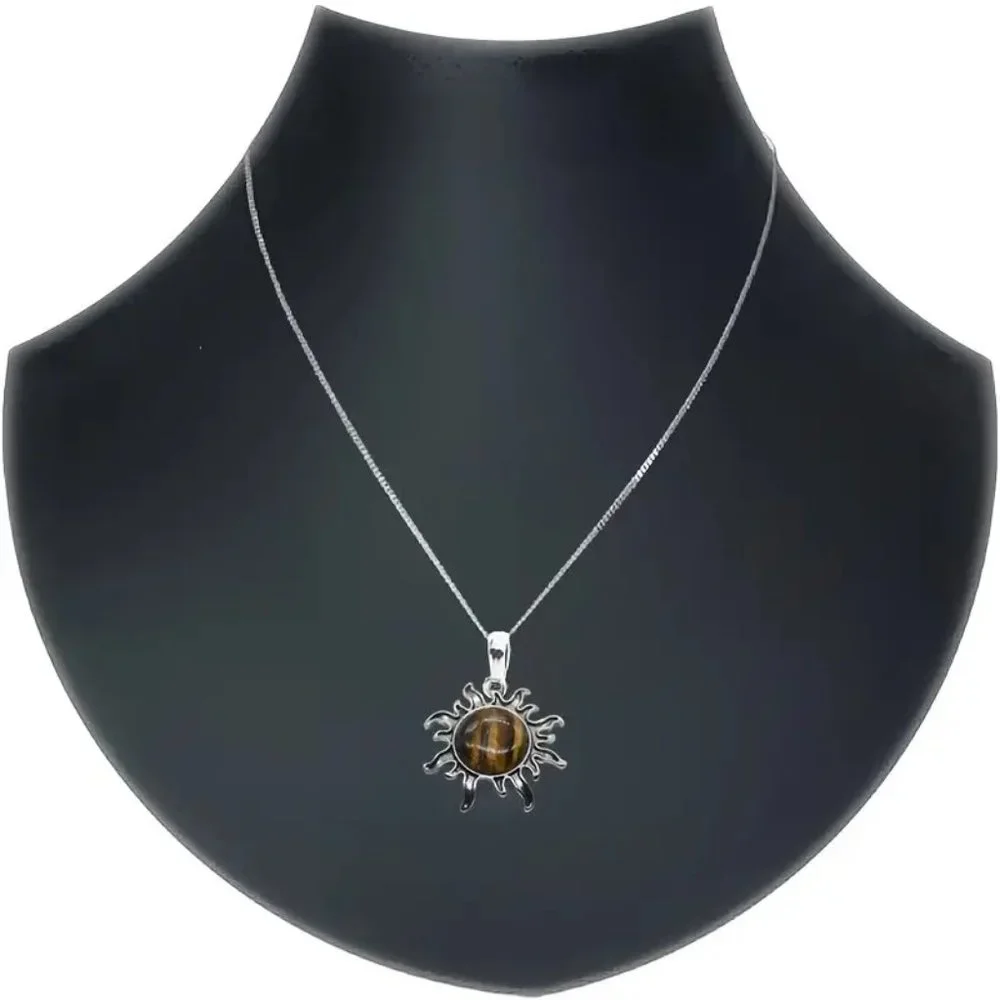 Tiger Eye Natural Stone Sun Shaped Pendant Necklace Healing Gemstone Pendant - Picture 2 of 4